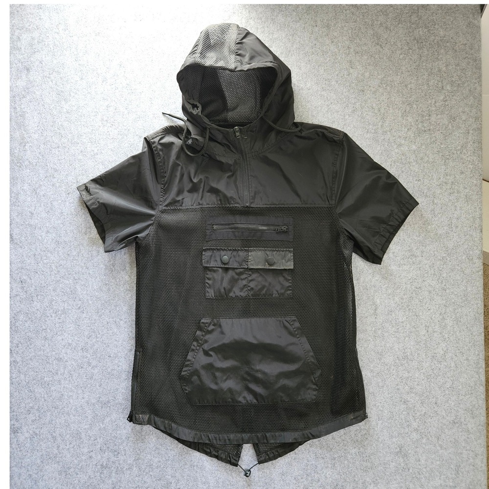No Boundaries Mens Black Mesh Tactical Short Sleeve Anorak Windbreaker XL Hooded